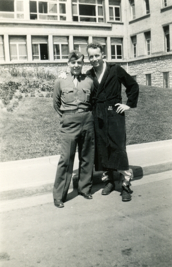 1945-05~ Harry with Lt (~friend Charlie Charrier) at Hospital, Paris, after war (bad back).jpg