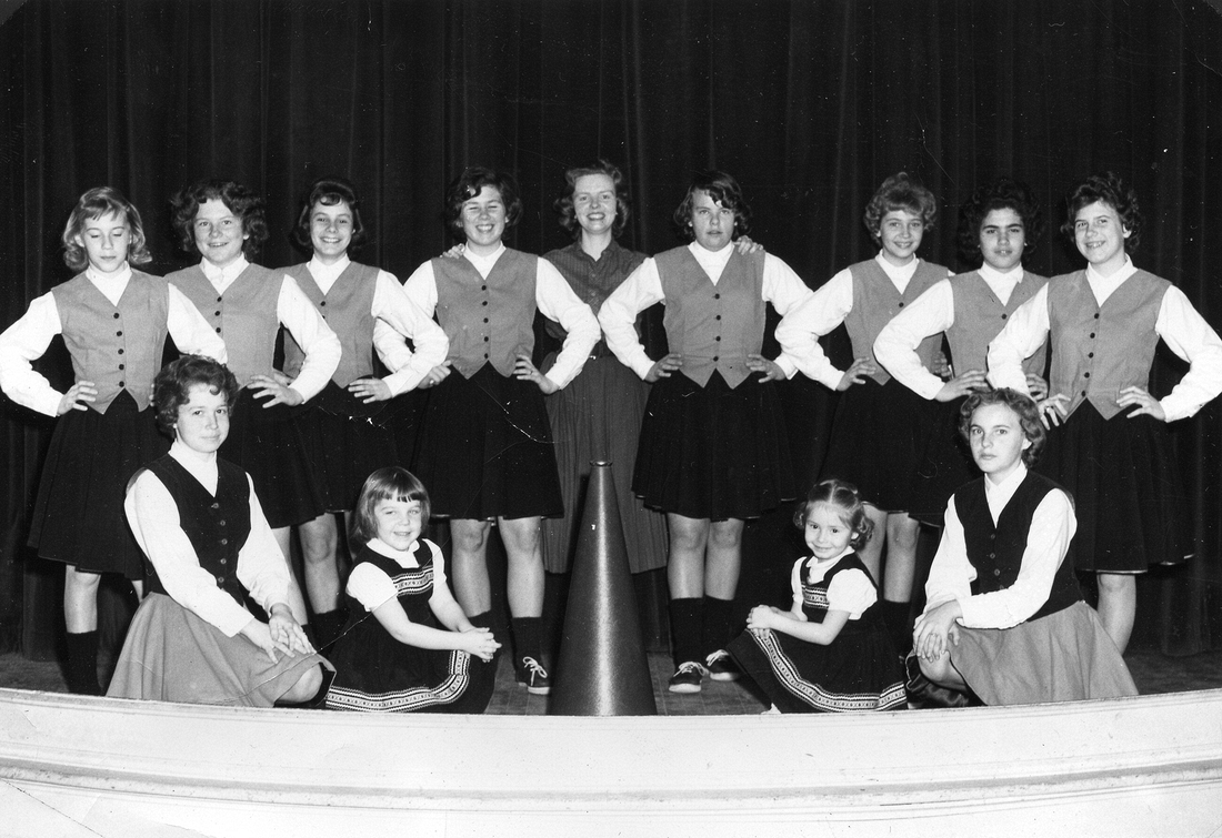 1961-06~ Karen & Doreen Hagerman, Mascots with Cheerleaders.jpg