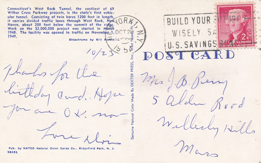 1950-10-23 3 West Rock Tunnel postcard.jpg
