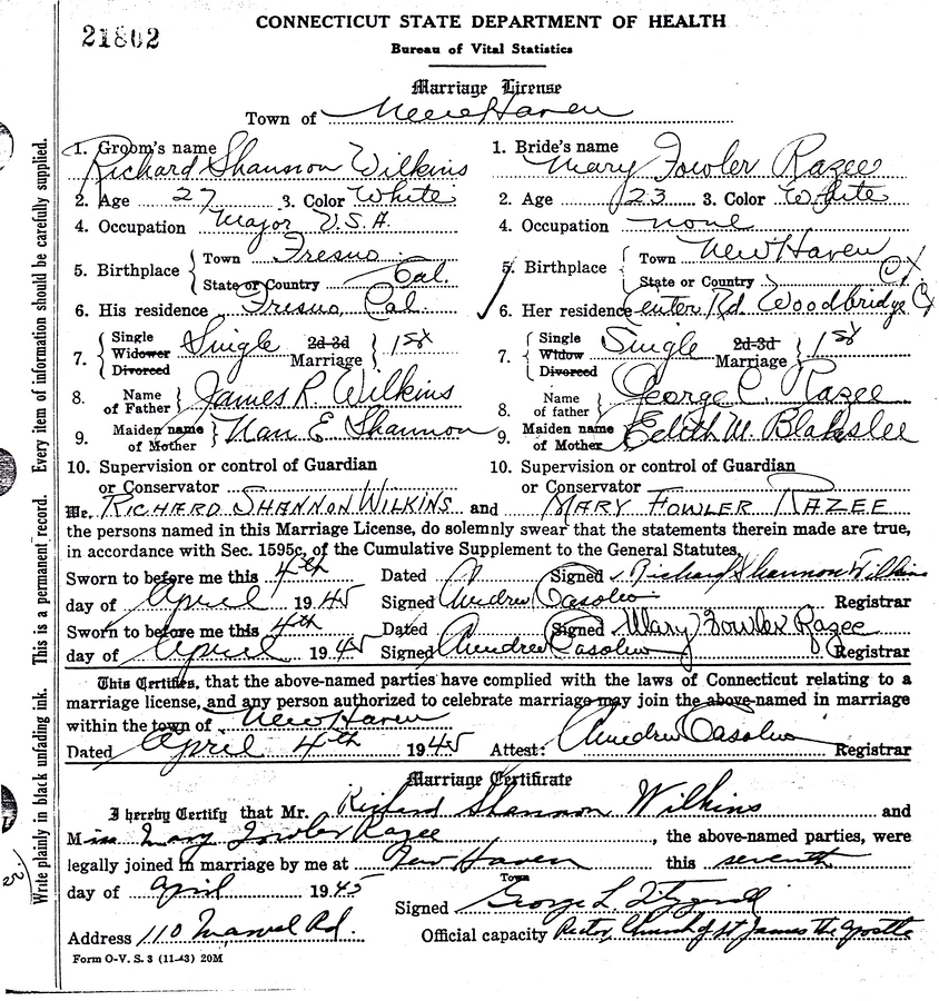 1945-04-07 12 Mary Fowler Razee & Richard Shannon Wilkins.jpg
