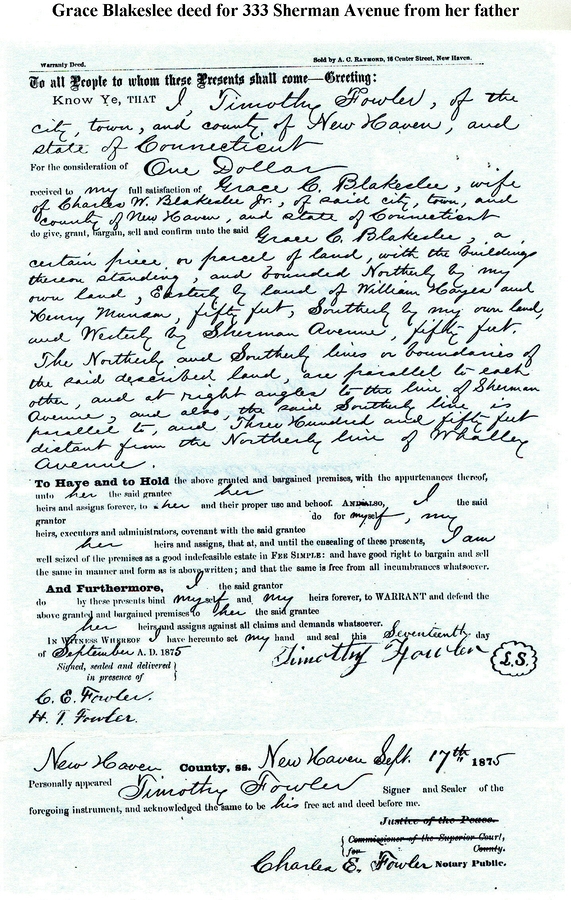 1875-09-07 Deed from Timothy Fowler III to Grace Blakeslee, 333 Sherman Av, New Haven.jpg