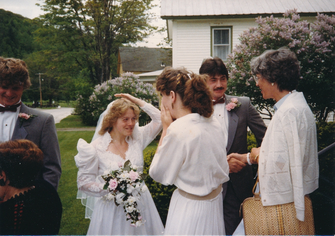 1988-06-04 4 Lucinda (Lee) & Tim Bernard, just married at Community Church, being greeted by Nancy Razee, Jacksonville VT.jpg