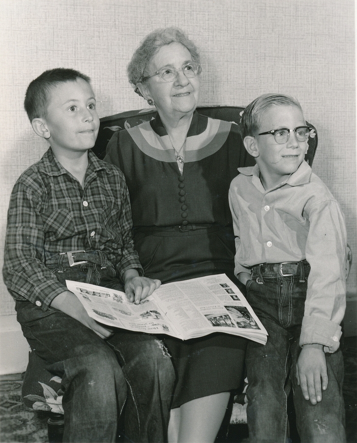 1957 1 Bess Frisbie & her grandsons, Alan & Paul (ages 10 & 8).jpg