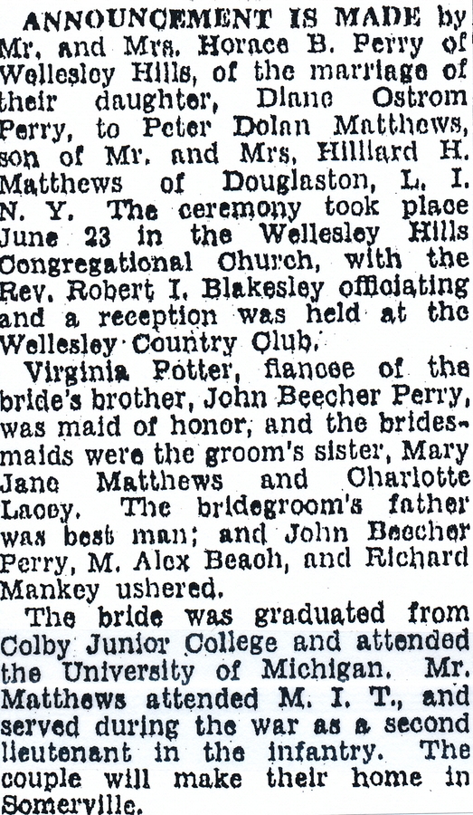 1947-06-23 9a Diane Perry married to Peter D Matthews (Boston Traveler Thu 26 Jun p25).jpg