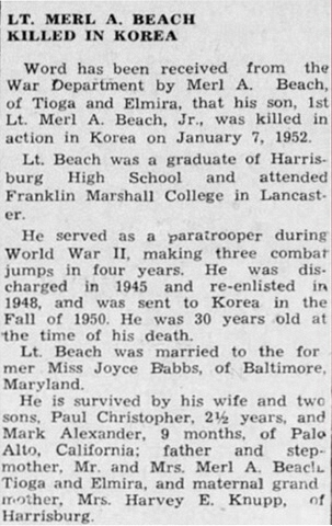 1952-01-07 2 Lt Merl A Beach killed in Korea.jpg