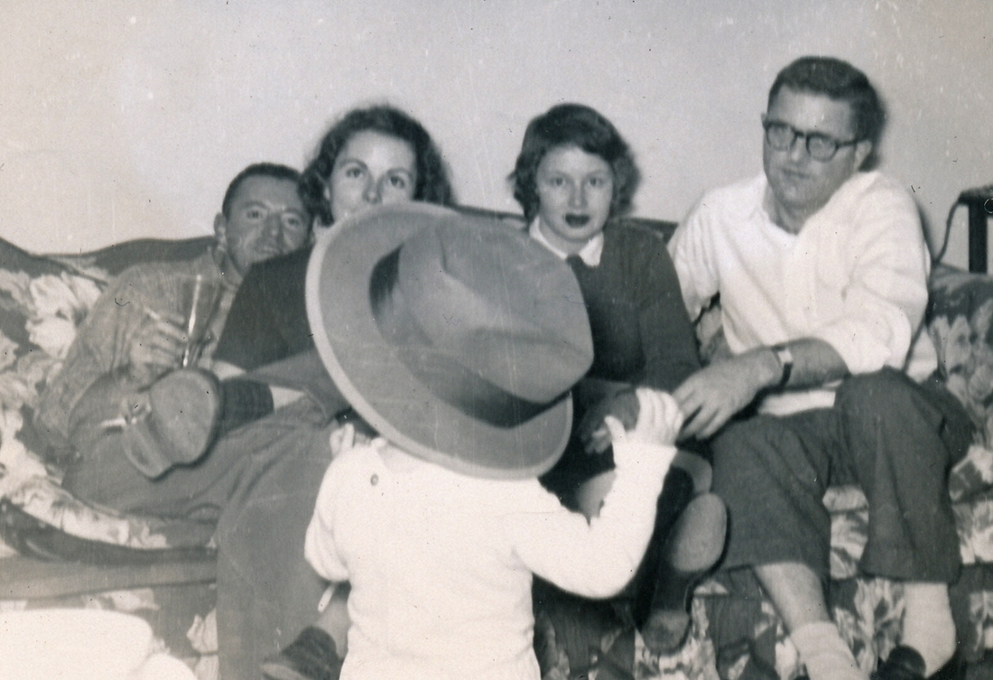1953-11-26~ 2 Bob Jr in Pete's hat, Bob, Jane, Diane & Pete; Thanksgiving, Douglaston.jpg