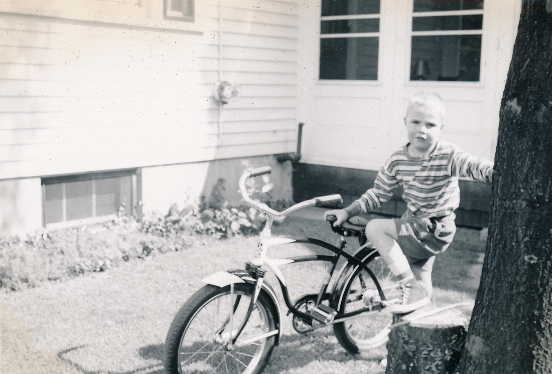 1954-07~ 1 Pete Jr learning to ride (trees & fences).jpg