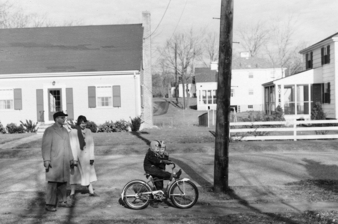 1954-12 4 Pete, Diane, Dan (on bike) & Pete Jr, Needham.jpg