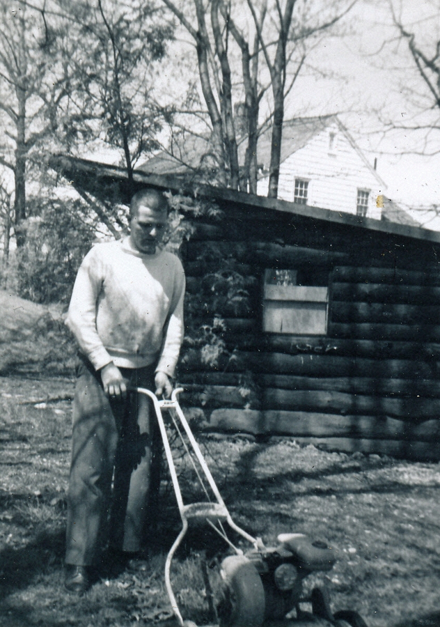 1955-05-01~ 8 Pete with borrowed reel lawnmower (HBD Dad & Dan).jpg
