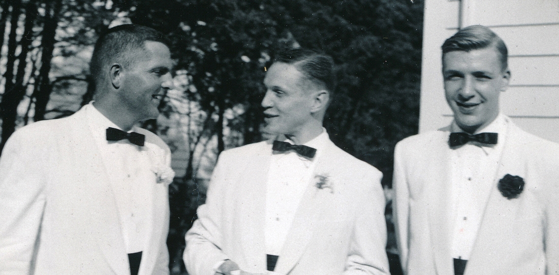 1955-06-18 4 Pete, Dave Crocker & Bob Jeffrey - MIT friends - reception at Haskel's house.jpg
