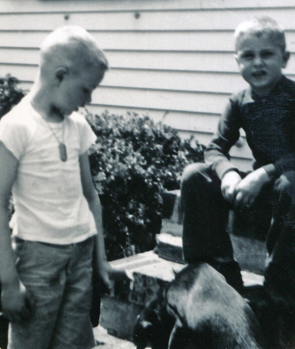 1956-05-01~ 7 Pete Jr with dog tag, Dusty & Dan; HBD Dad & Dan.jpg