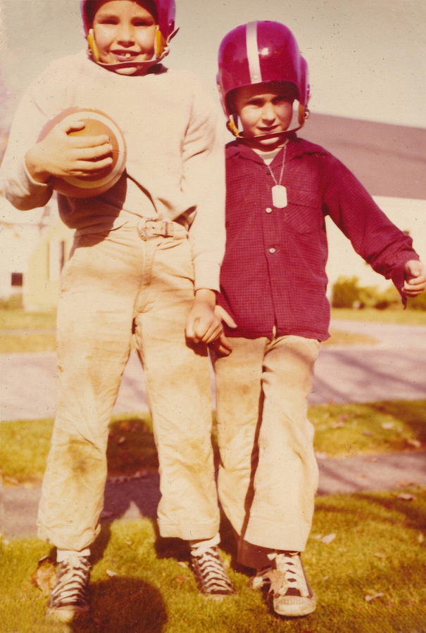 1956-10~ 2 Pete Jr & Dan - New helmets & ball.jpg