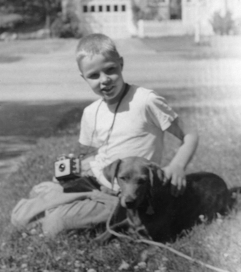 1957-05-18 5 Pete Jr with new Brownie camera & Dusty; hot, hot, Armed Forces Day.jpg