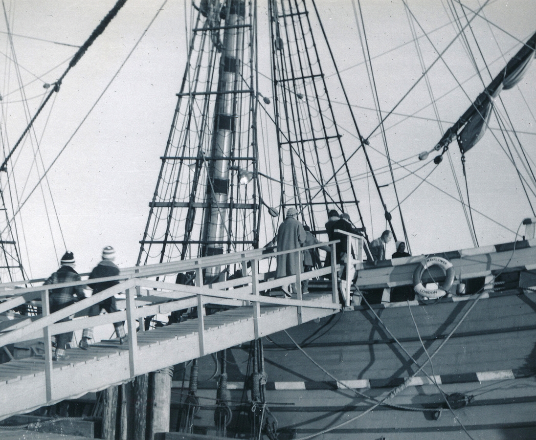 1957-11-27 3 Just stepping off the gangplank onto Mayflower II; day before Thanksgiving, Plimouth Plantation, MA.jpg