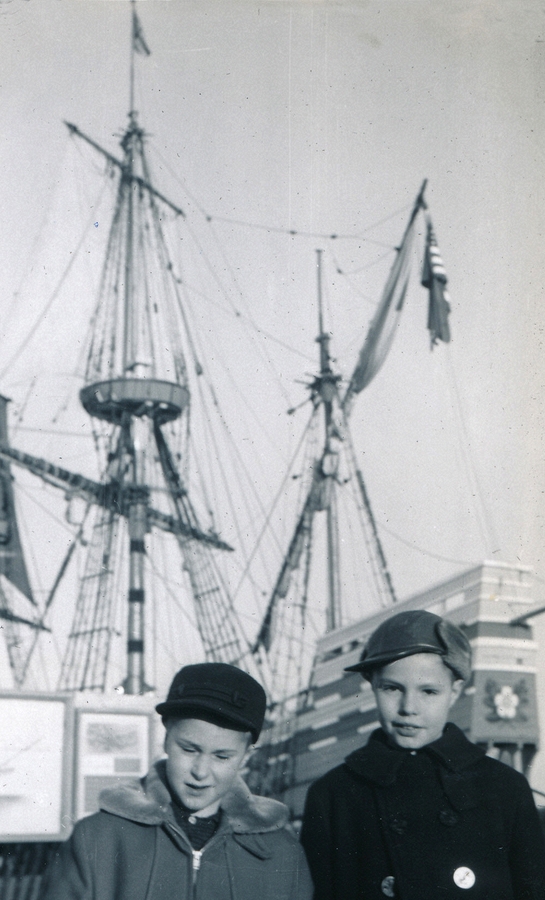 1957-11-27 4 Dan & Pete Jr, Mayflower II; day before Thanksgiving, Plimouth Plantation, MA.jpg