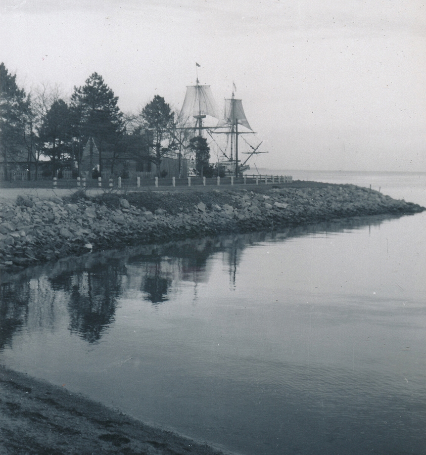 1957-11-27 8 Mayflower II at sunset; day before Thanksgiving, Plimouth Plantation, MA.jpg