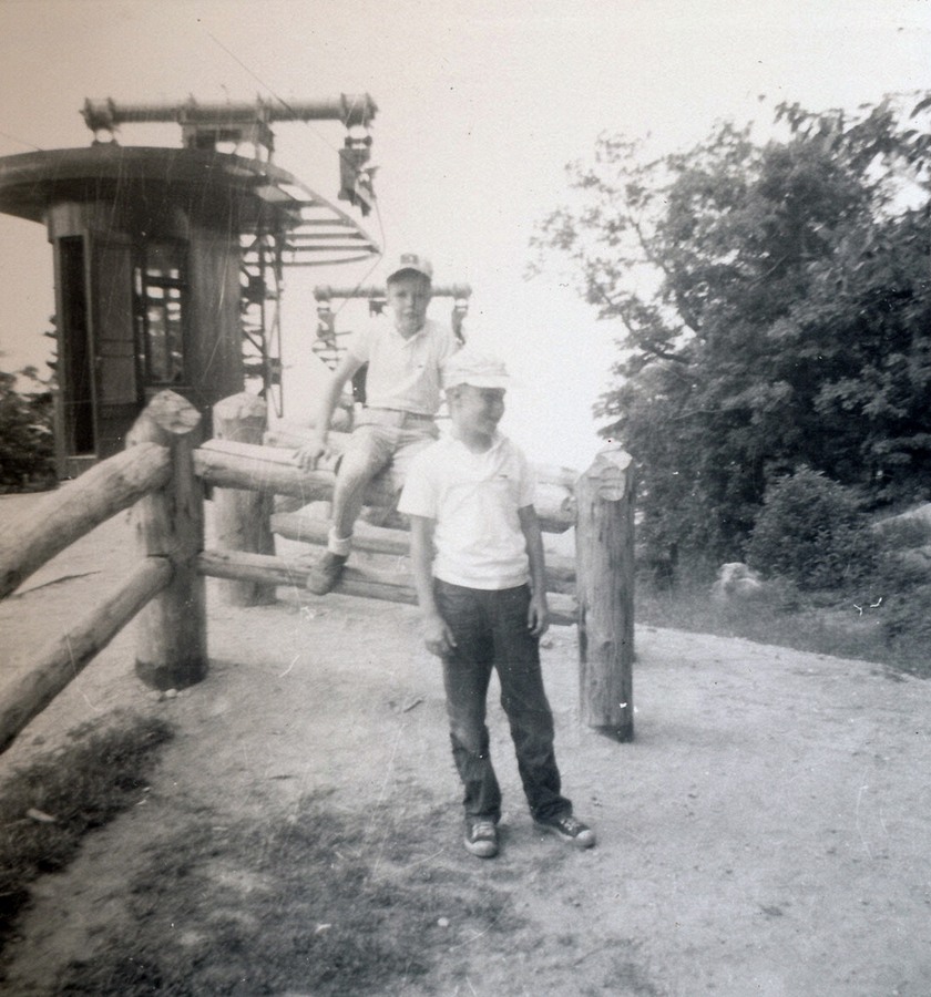1959-08-early 5 Pete Jr & Dan; in front of chair lift, on top of Mt Sunapee.jpg