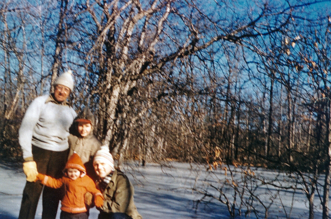 1960-01~ 1 Ped, Andrea, Pete Jr & Pete; skating behind 26 Driftwood Lane, Weston MA.jpg