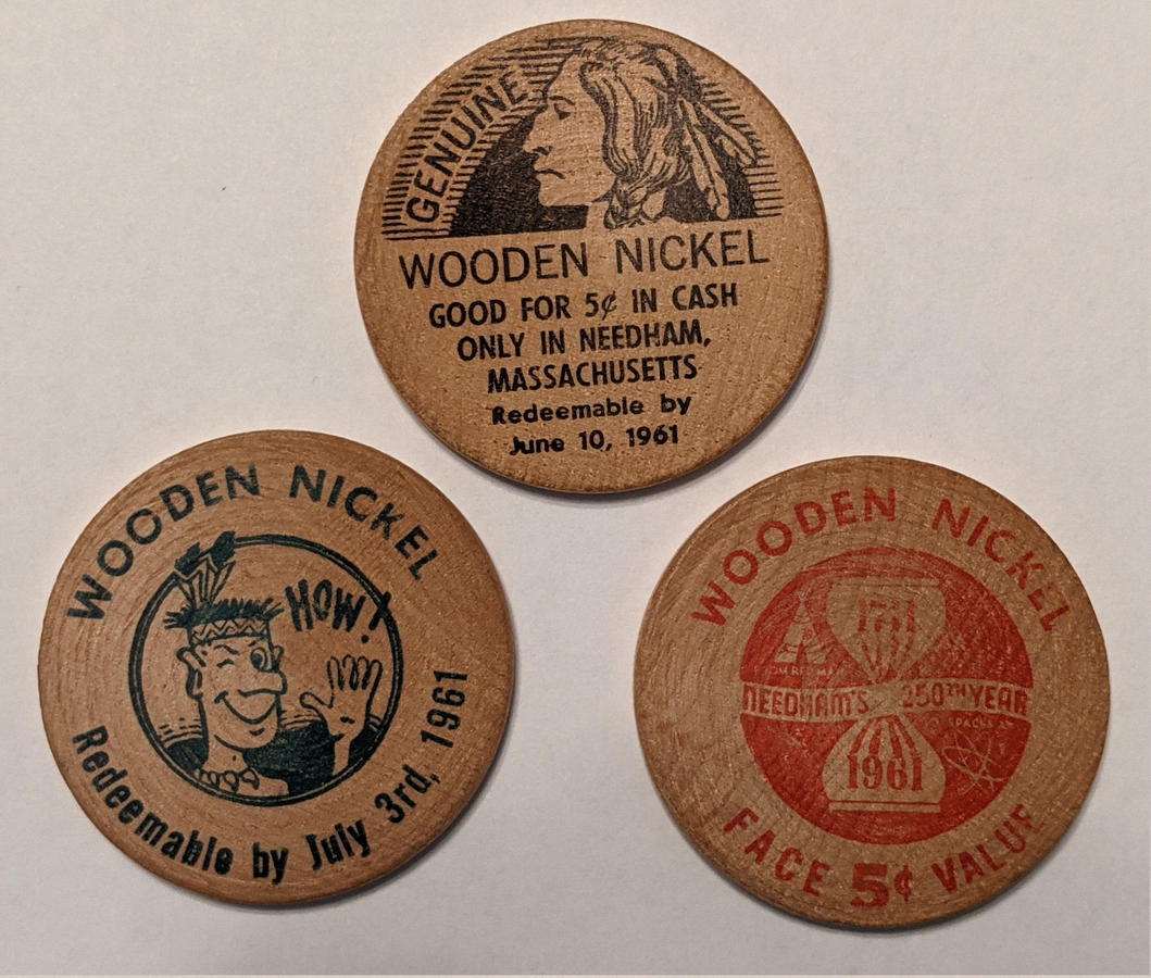 1961-07-04 1 Wooden Nickels printed to support Needham's 250th year.jpg