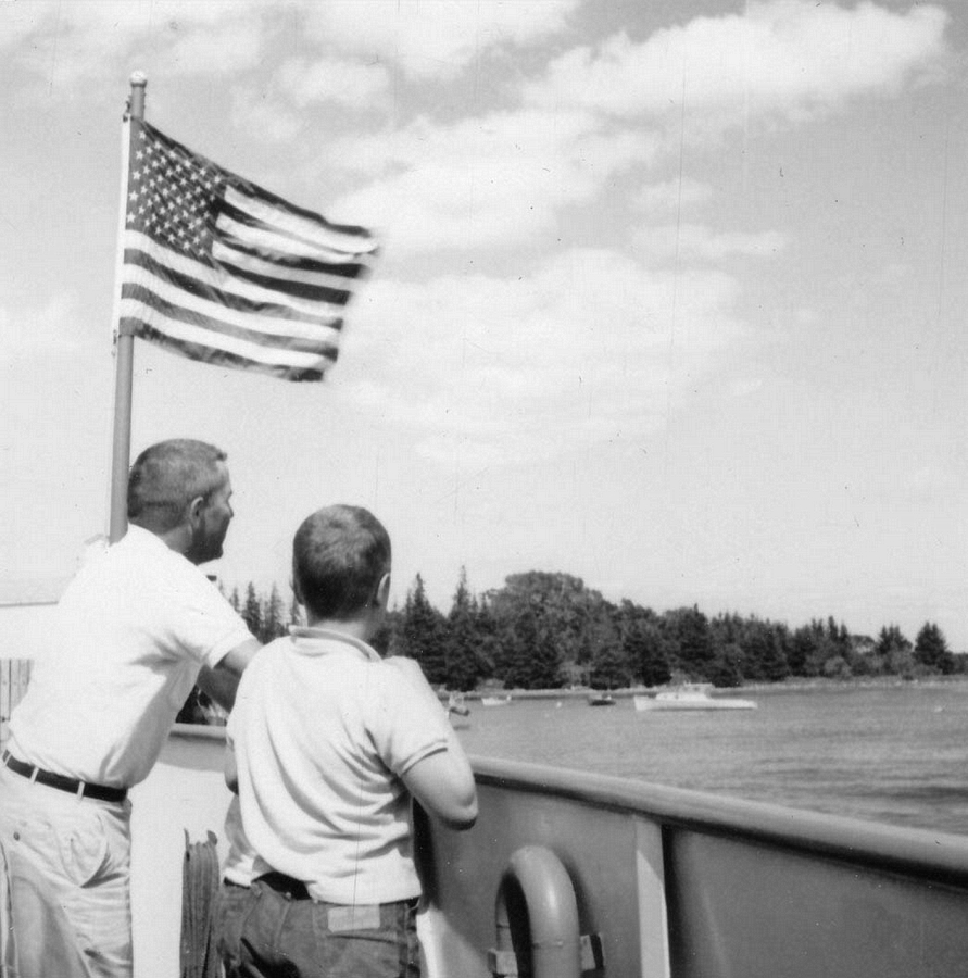 1961-08-12~ 01 Pete Sr & Dan, looking over the yacht basin (Gilkey Harbor), a third day on Islesboro.jpg