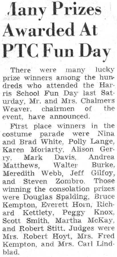 1962-05 07 Andrea wins a first prize, Harris School Fun Day.jpg