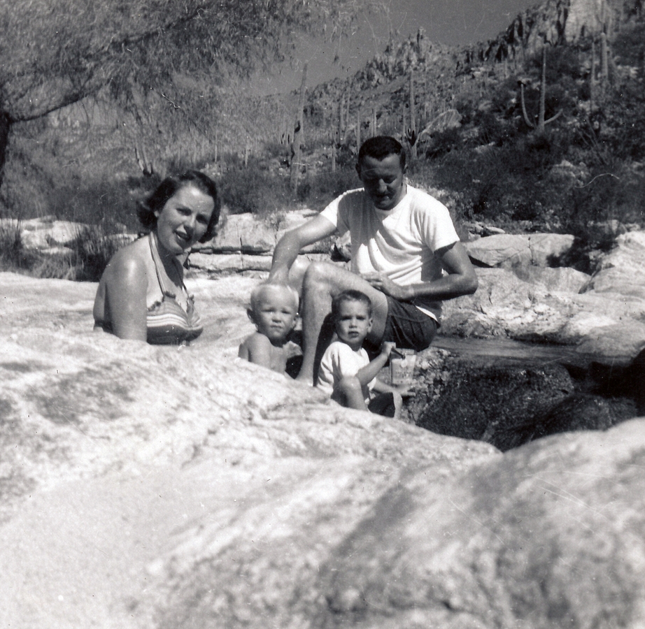 1954-10-15 3 Mary Jane, x, Bob Jr & Bob; in clear cool rushing water, Sabino Canyon, Tucson AZ.jpg