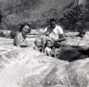 1954-10-15 3 Mary Jane, x, Bob Jr & Bob; in clear cool rushing water, Sabino Canyon, Tucson AZ.jpg