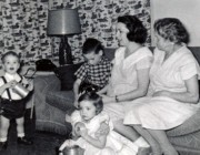 1958-02 (3 days before Jans arrived) Matt, Bob Jr, Jane, Clara Wager & Deidra (on floor).jpg
