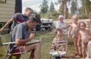 1961-08~ Bob Wager with Bob Jr, Matt, Jans & Deidra, plus Gertrude; on vacation in Minnesota.jpg