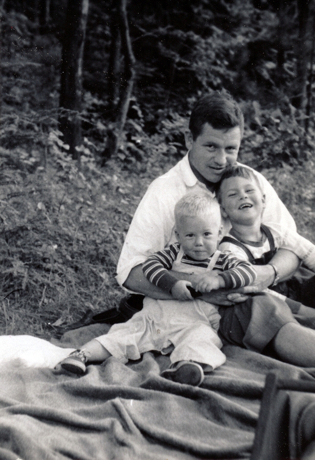 1953-08-28 Carl, Jack & John; picnic at Woodman Pond, Brimfield State Forest MA.jpg