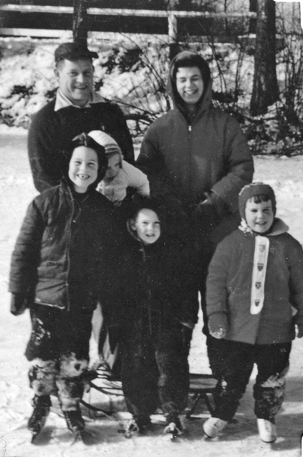 1957-03 (f) John, Carl & Debbie (friend); (r) Jack, Judy & Jinny; Sudbury MA.jpg