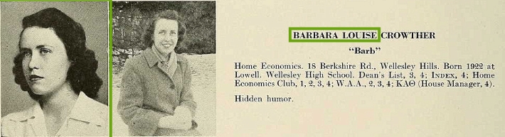 1944 Barbara Crowther in Mass State College (Amherst) yearbook p72.jpg