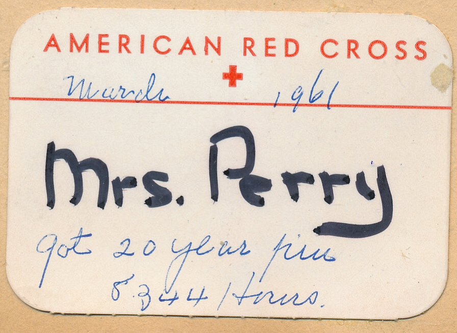 1961-03 Liz Perry, 20 years & 8,344 hours of service, Red Cross.jpg