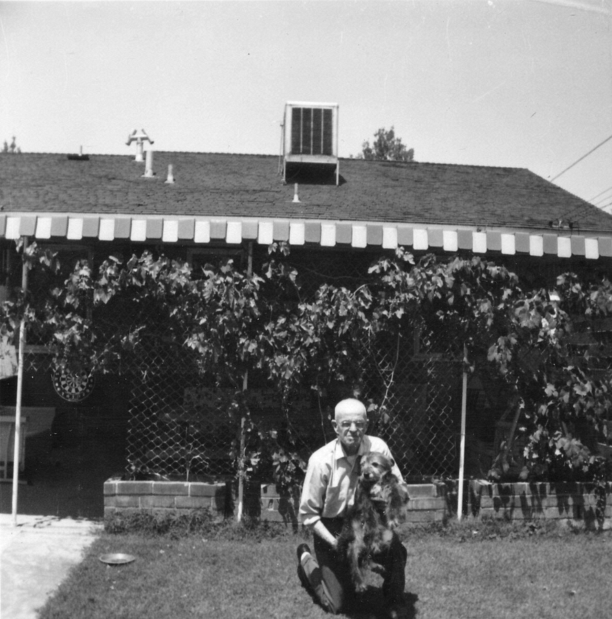 1962-07 2 Alwyn & Pooch (killed by car that day or next), San Bernardino CA.jpg