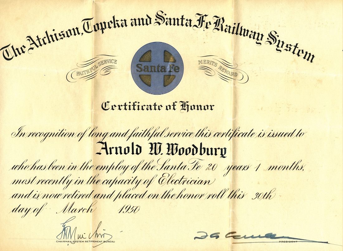 1950-03-30 Arnold W Woodbury retires from AT & Santa Fe RR.jpg