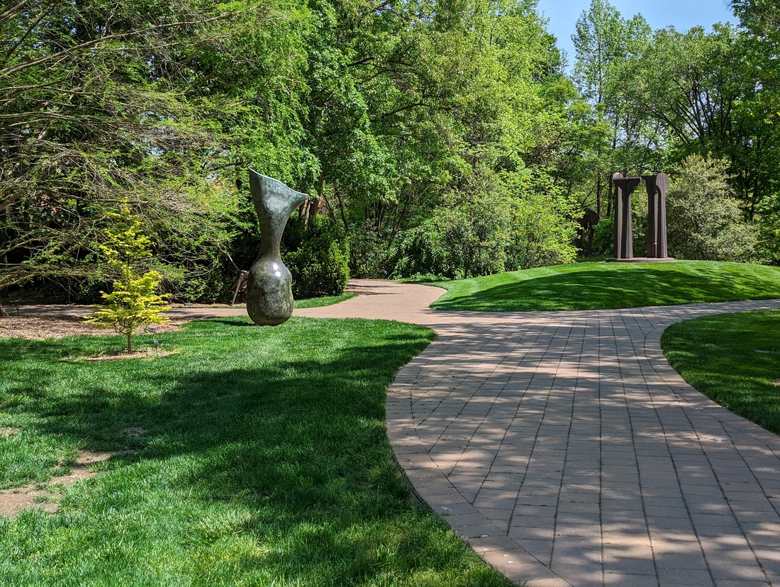 2023-05-10 128 Aluna (1997), Robert Ressler; Split Ritual II (1992), Beverly Pepper; Grounds for Sculpture, Hamilton NJ.jpg