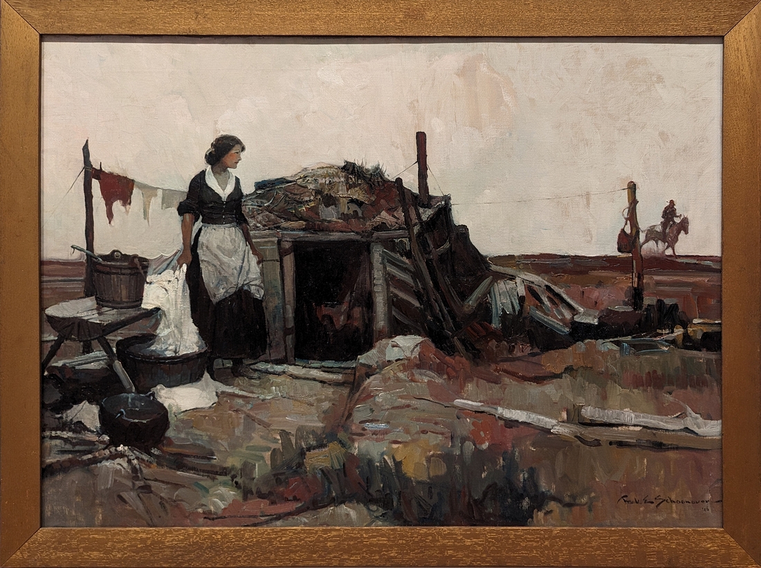 2023-05-11 i423 Mort rode forth boldly toward the sod house (oil, 1926), Frank Earle Schoonover; Delaware Museum of Art.jpg