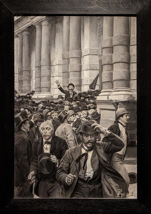 2023-05-11 i553 The Rush from the New York Stock Exchange on September 18, 1873 (black and white oil on illustration board, 1895), Howard Pyle; Delaware Museum of Art.jpg