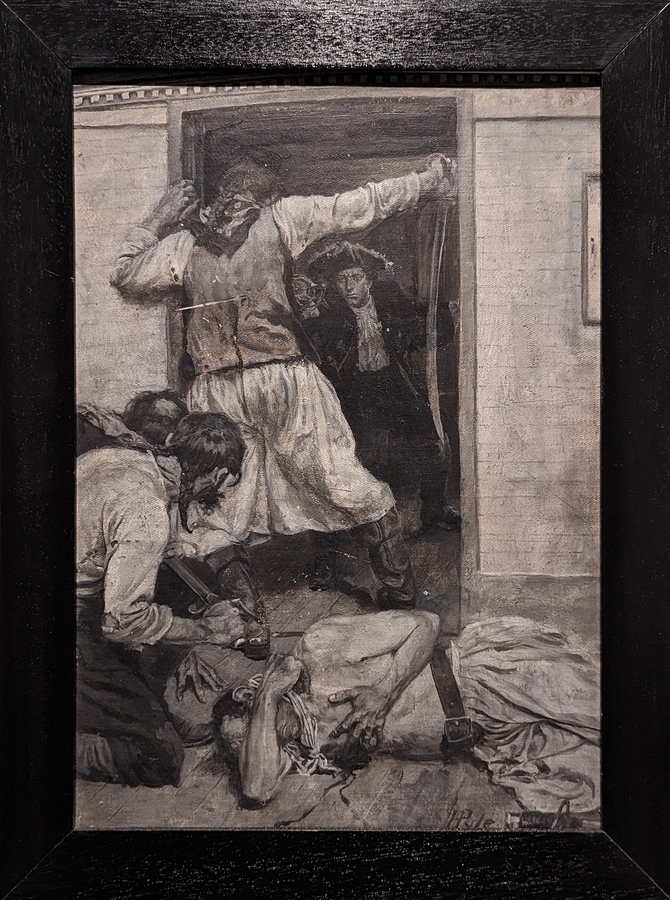 2023-05-11 i554 I saw him pass his sword through the mate's body (black-and-white oil on illustration board, 1895), Howard Pyle; Delaware Museum of Art.jpg
