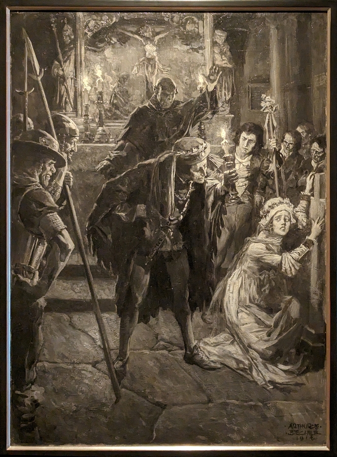 2023-05-11 i572 But the intruder seized a candle (black and white oil, 1914), Arthur E Becher; Delaware Museum of Art.jpg