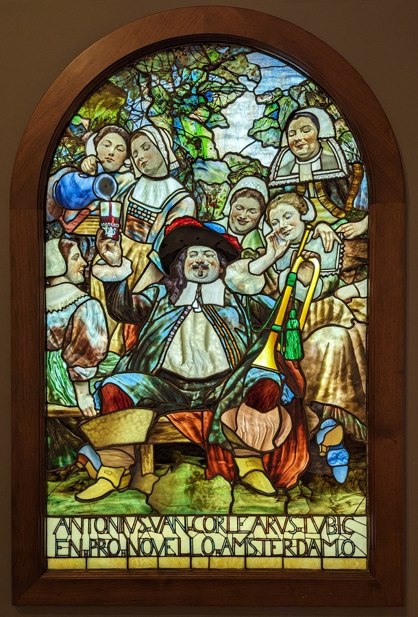2023-05-11 s451 Anthony Van Corlaer, The Trumpeter of New Amsterdam (stained glass, 1893-94), Howard Pyle; Delaware Museum of Art.jpg